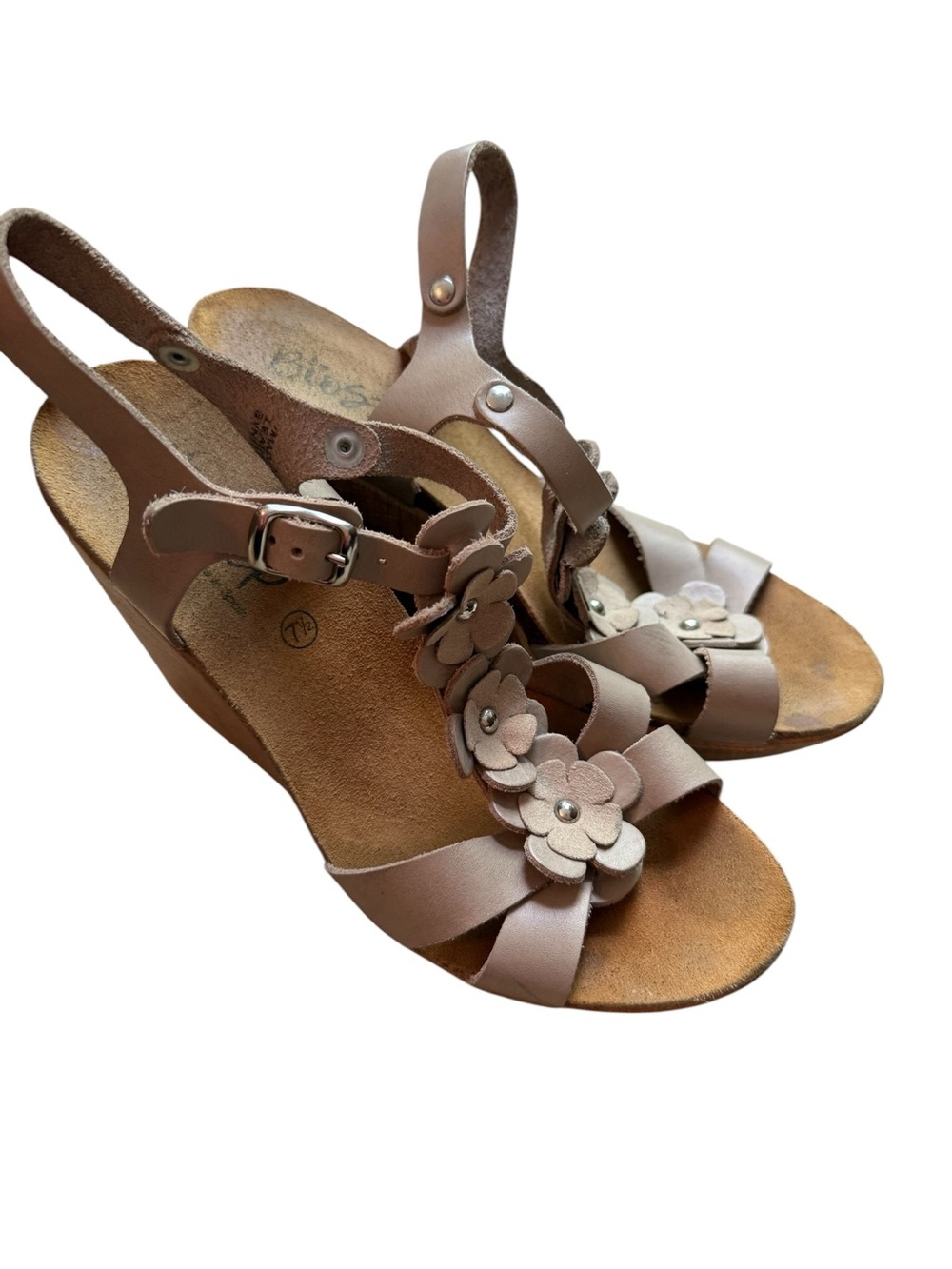 Biostep Taupe Floral Leather Wedge Sandals size 37 7.5 Spain